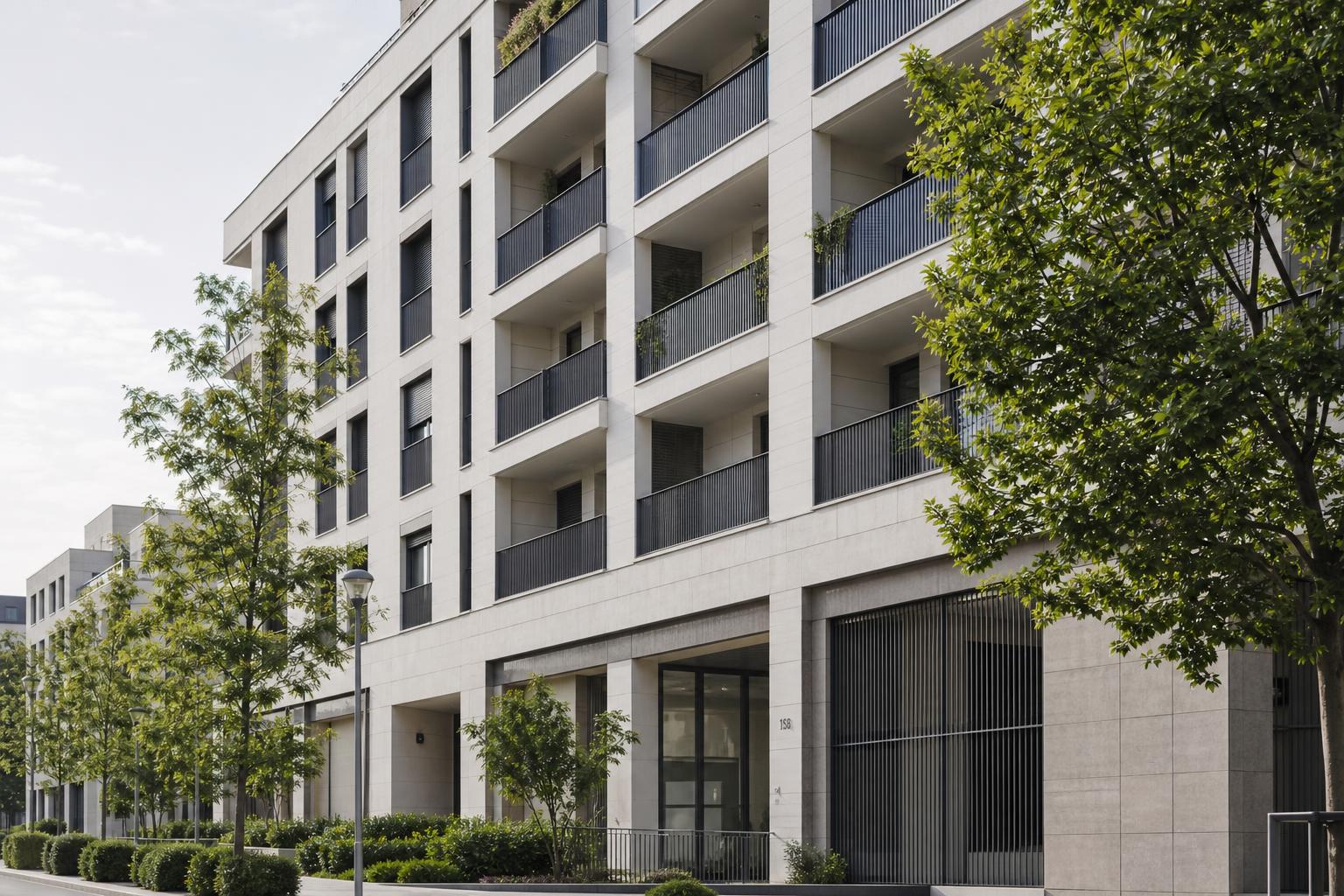 Fachada de edificio residencial contemporáneo con balcones alineados y luz de mañana suave en el área metropolitana de Madrid