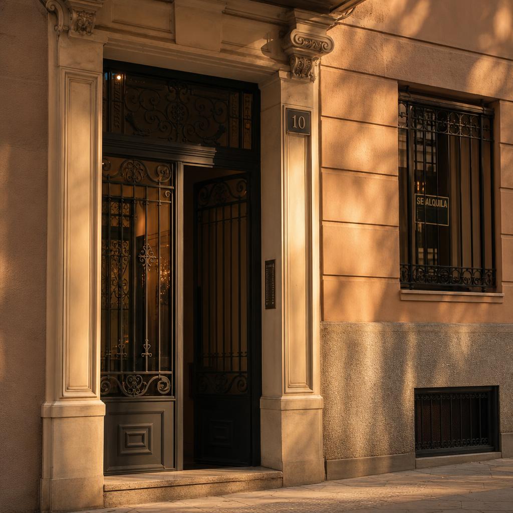 Portal de edificio residencial madrileño con cartel de Se alquila al atardecer · Blog inmobiliario Madrid · Yolanda González