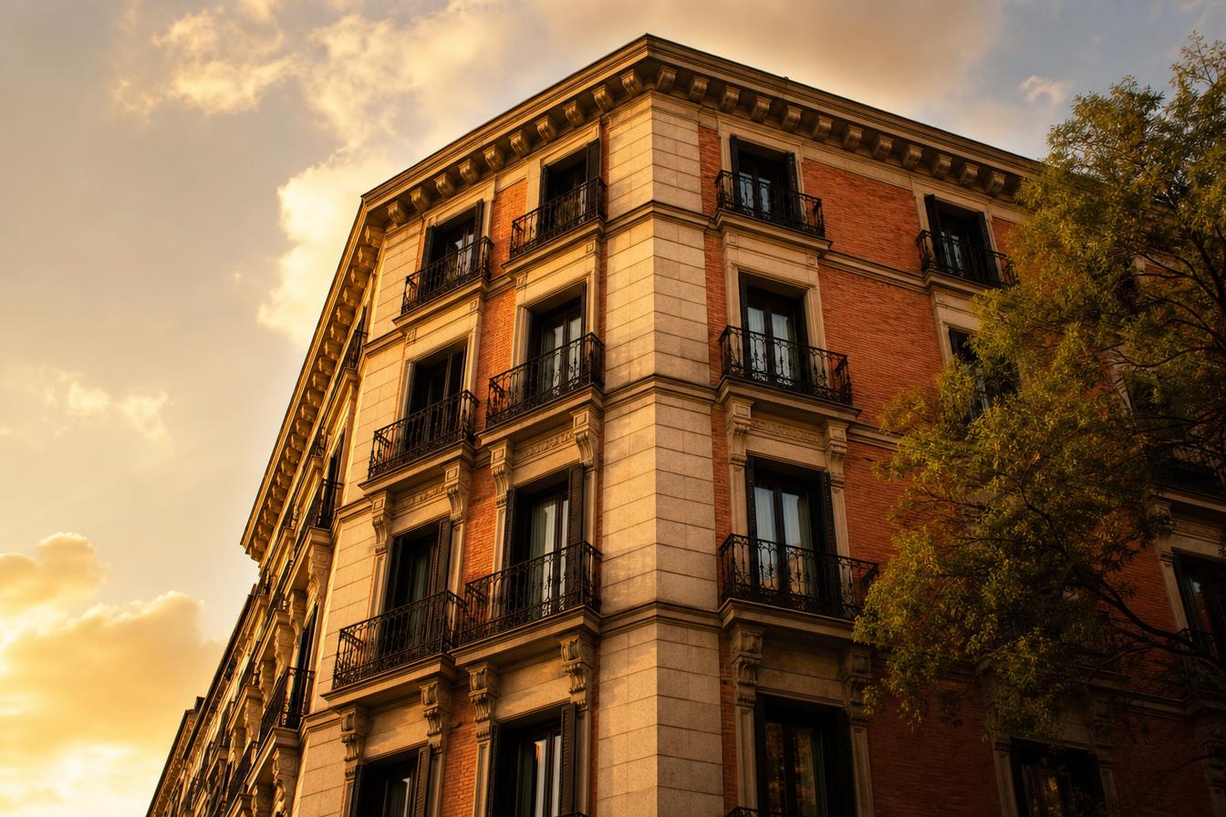 Edificio residencial clásico de Madrid al atardecer, fotografiado desde ángulo bajo con luz dorada y balcones de forja