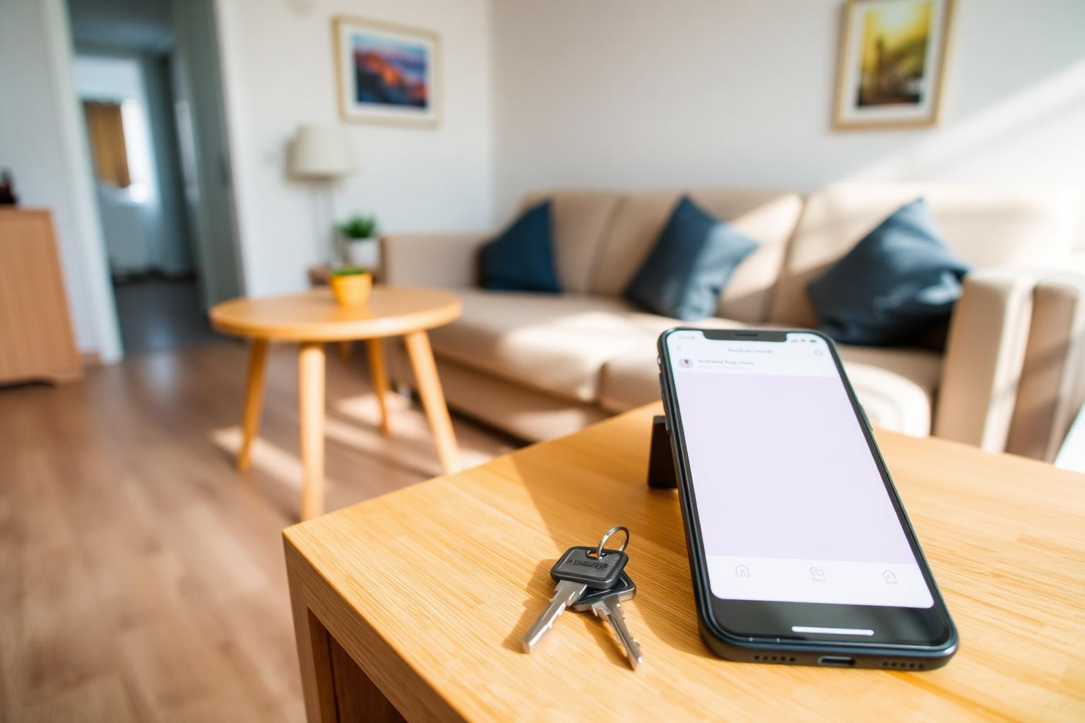Interior luminoso de apartamento de alquiler turístico con llaves y teléfono sobre mesa de madera