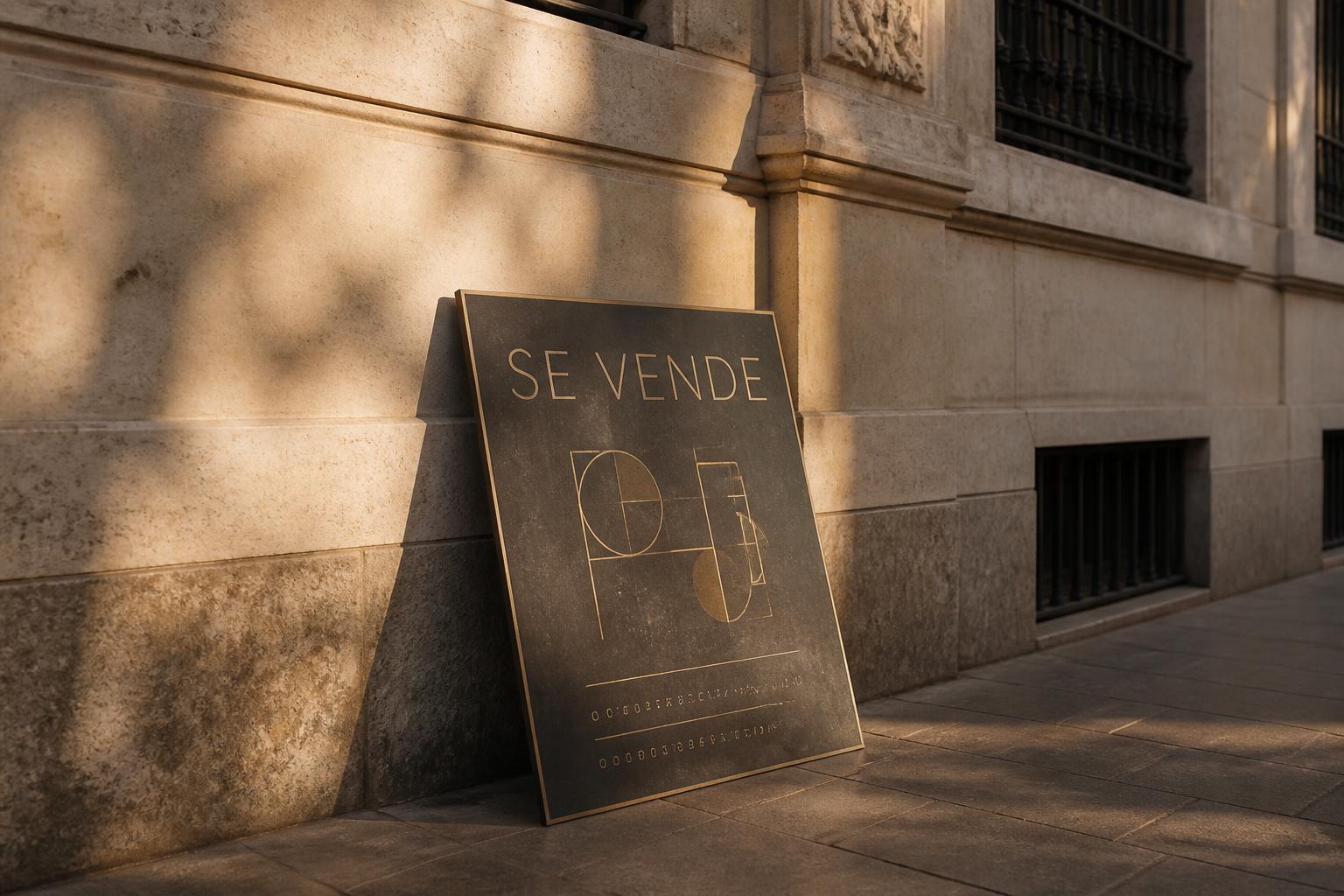 Cartel "Se Vende" premium en metal y dorado envejecido apoyado contra una fachada clásica madrileña de piedra caliza al atardecer, con sombra alargada