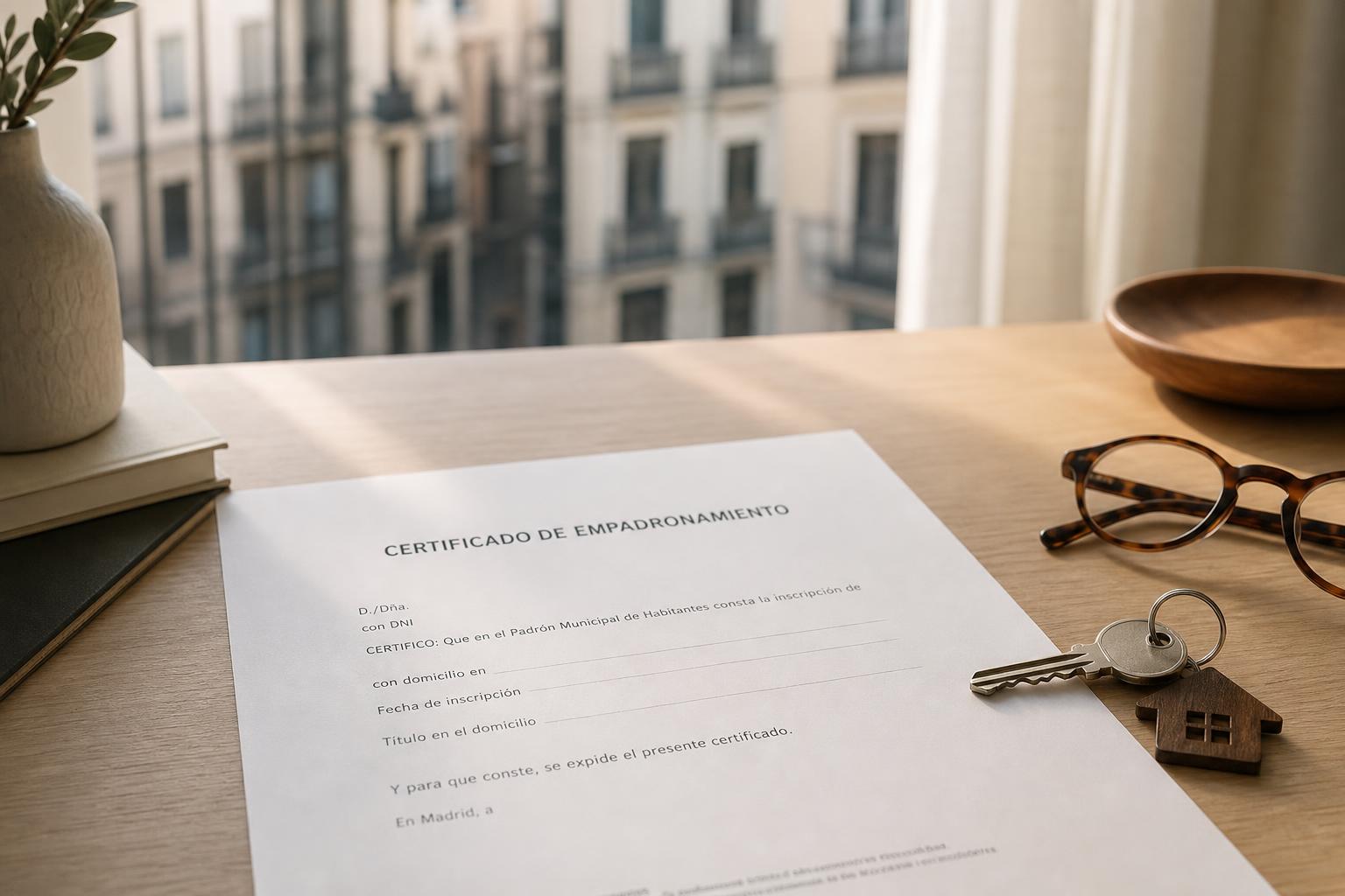 Certificado de empadronamiento sobre un escritorio con llave y gafas, luz natural y fondo desenfocado de fachadas residenciales madrileñas