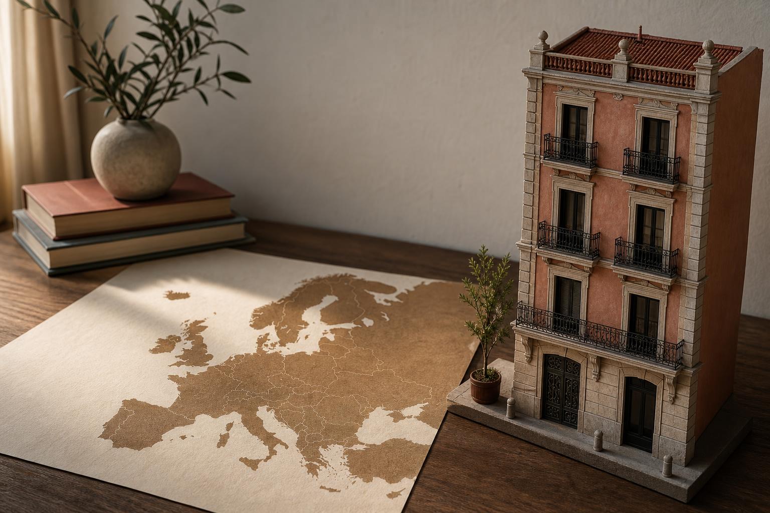 Mapa estilizado de Europa junto a maqueta de fachada madrileña clásica sobre mesa de despacho, iluminación cálida lateral