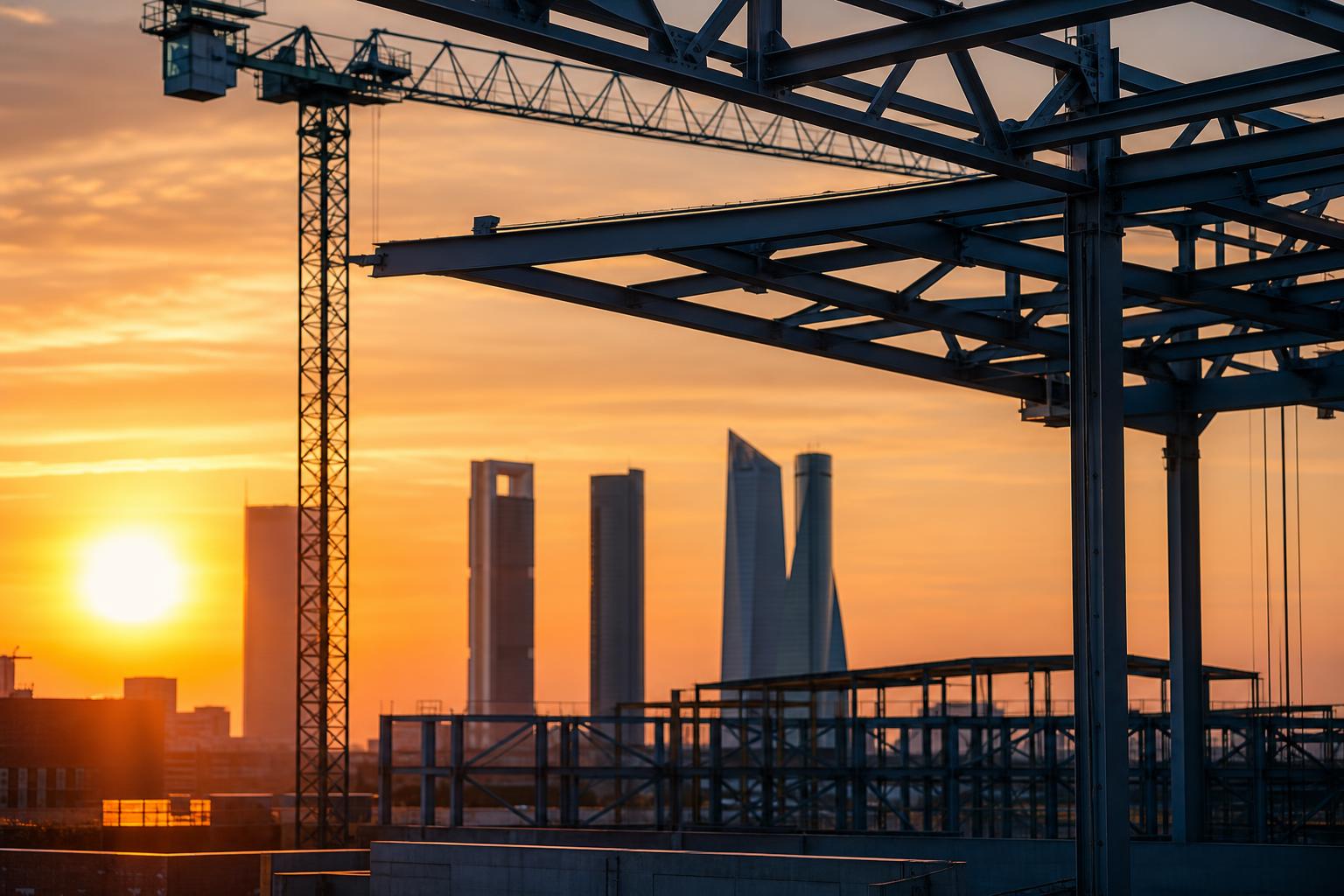 Grúas y estructuras metálicas en construcción al atardecer con el skyline de las Cuatro Torres de Madrid al fondo