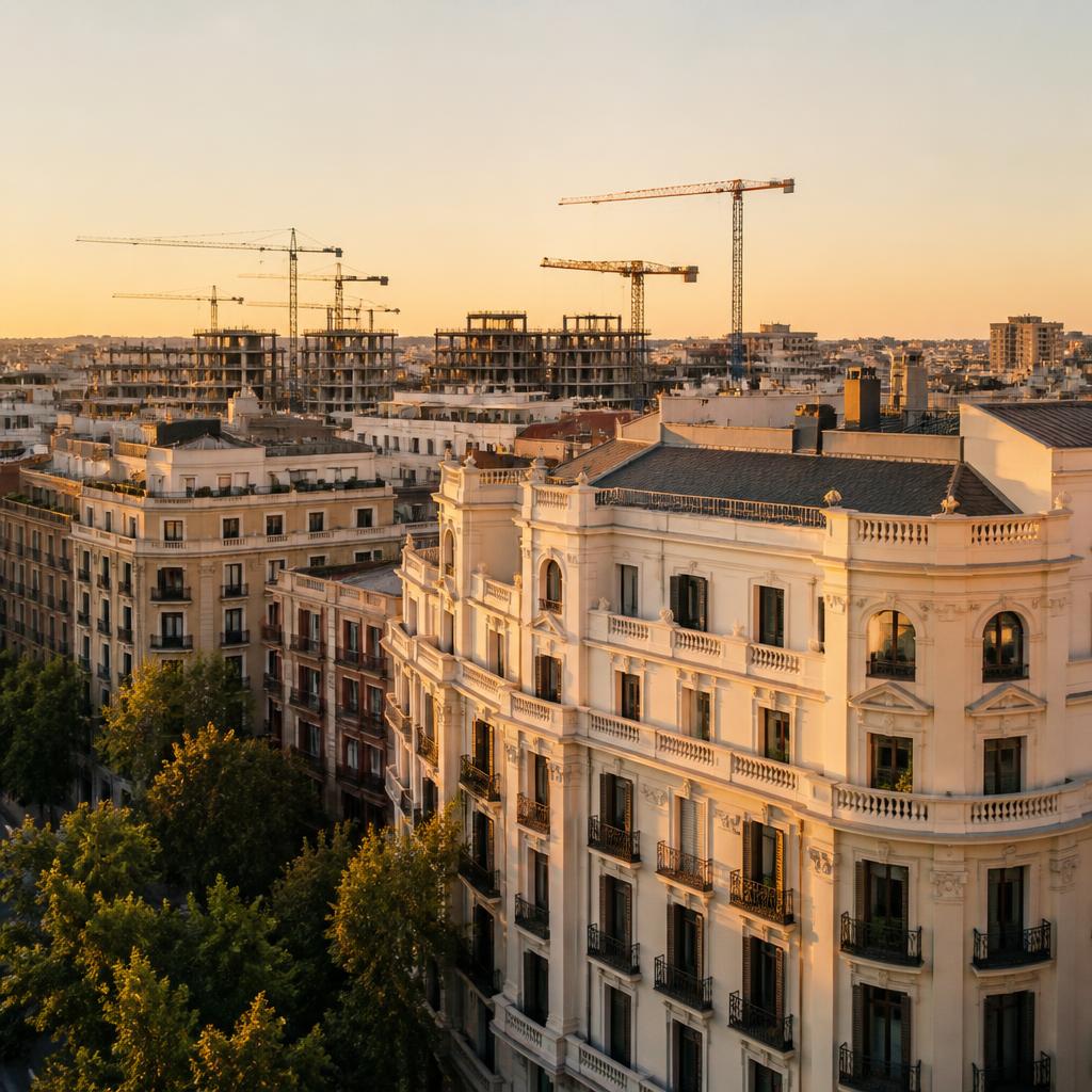 Edificio residencial clásico madrileño en primer plano al atardecer, con grúas y obras de un nuevo desarrollo residencial al fondo