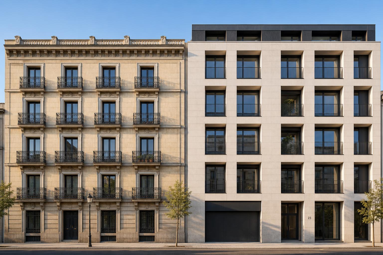 Dos fachadas contiguas en Madrid: edificio clásico de principios del siglo XX junto a edificio contemporáneo recién terminado, bajo la misma luz de media tarde