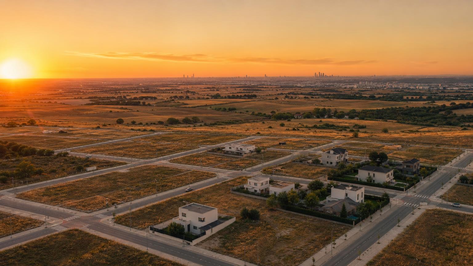 Vista aérea al atardecer de suelo urbanizado con las primeras viviendas y campo abierto con Madrid al fondo