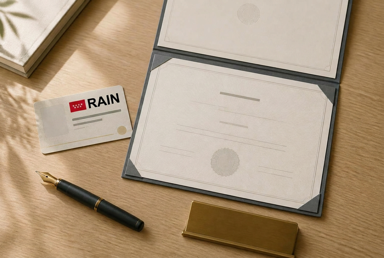 Documentación profesional de un agente inmobiliario acreditado en Madrid, representando el registro obligatorio RAIN