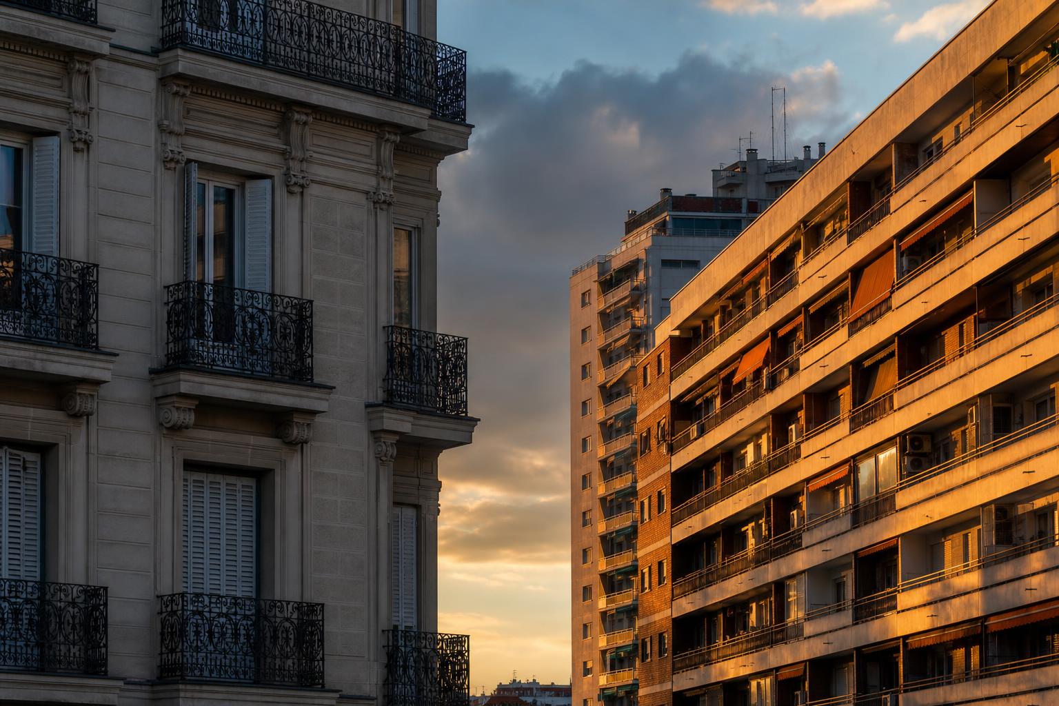 Fachada clásica señorial del Barrio de Salamanca con luz fría junto a un bloque residencial de los años 70-80 con balcones iluminado por el atardecer