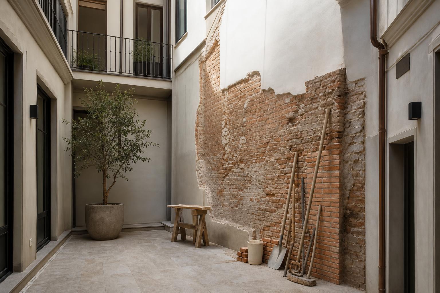 Patio interior de edificio residencial clásico con muro de ladrillo visto a medio derribar, herramientas de albañilería apoyadas y luz natural cenital
