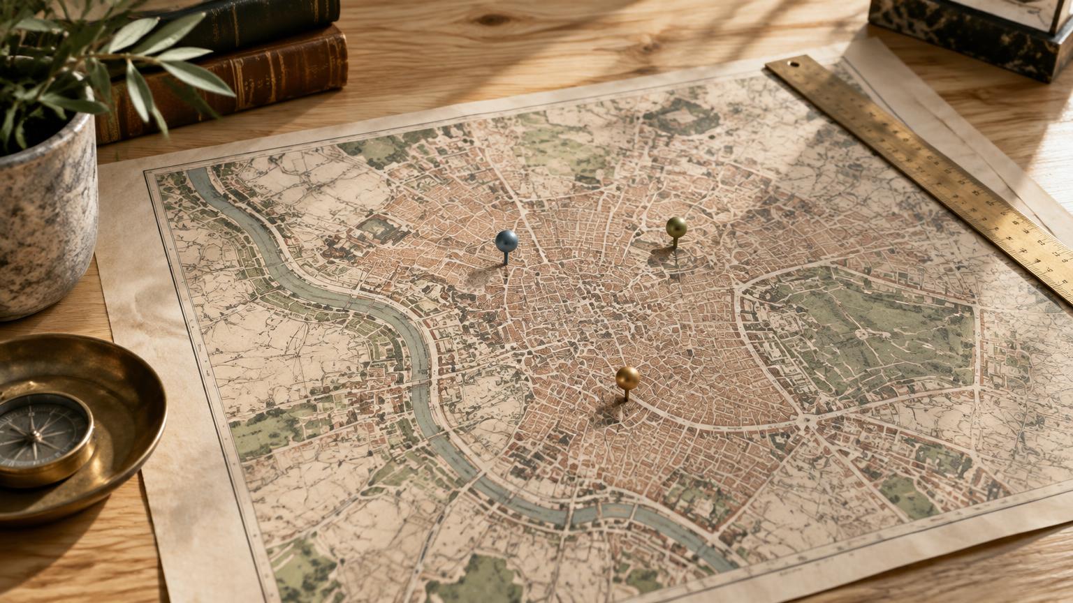 Plano de Madrid sobre una mesa con tres marcadores de colores, que representan fuentes de datos distintas