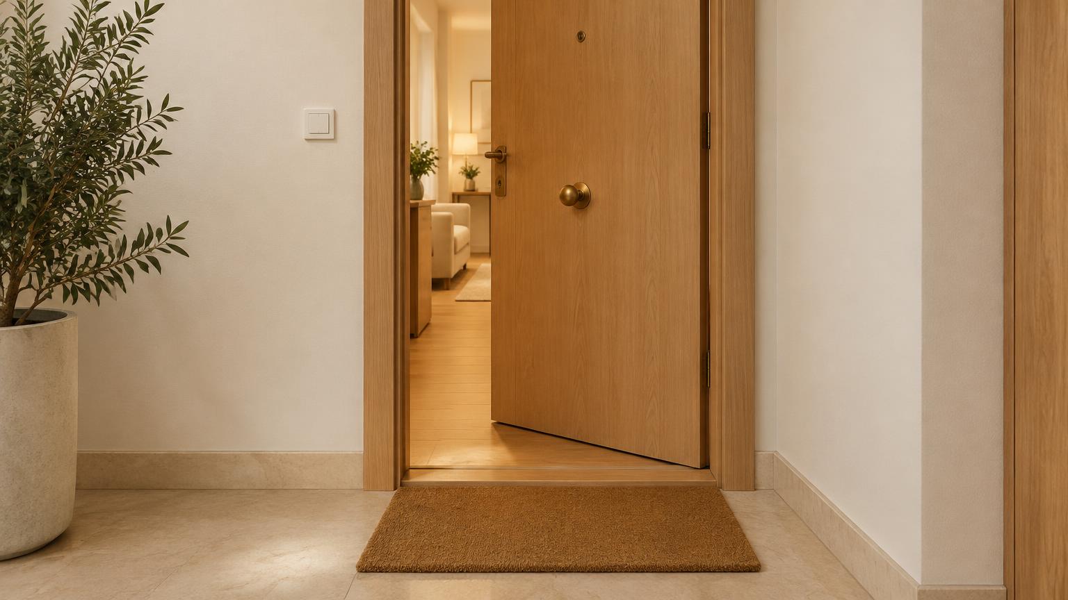 Puerta de entrada entreabierta de un piso en Madrid con luz cálida en el interior
