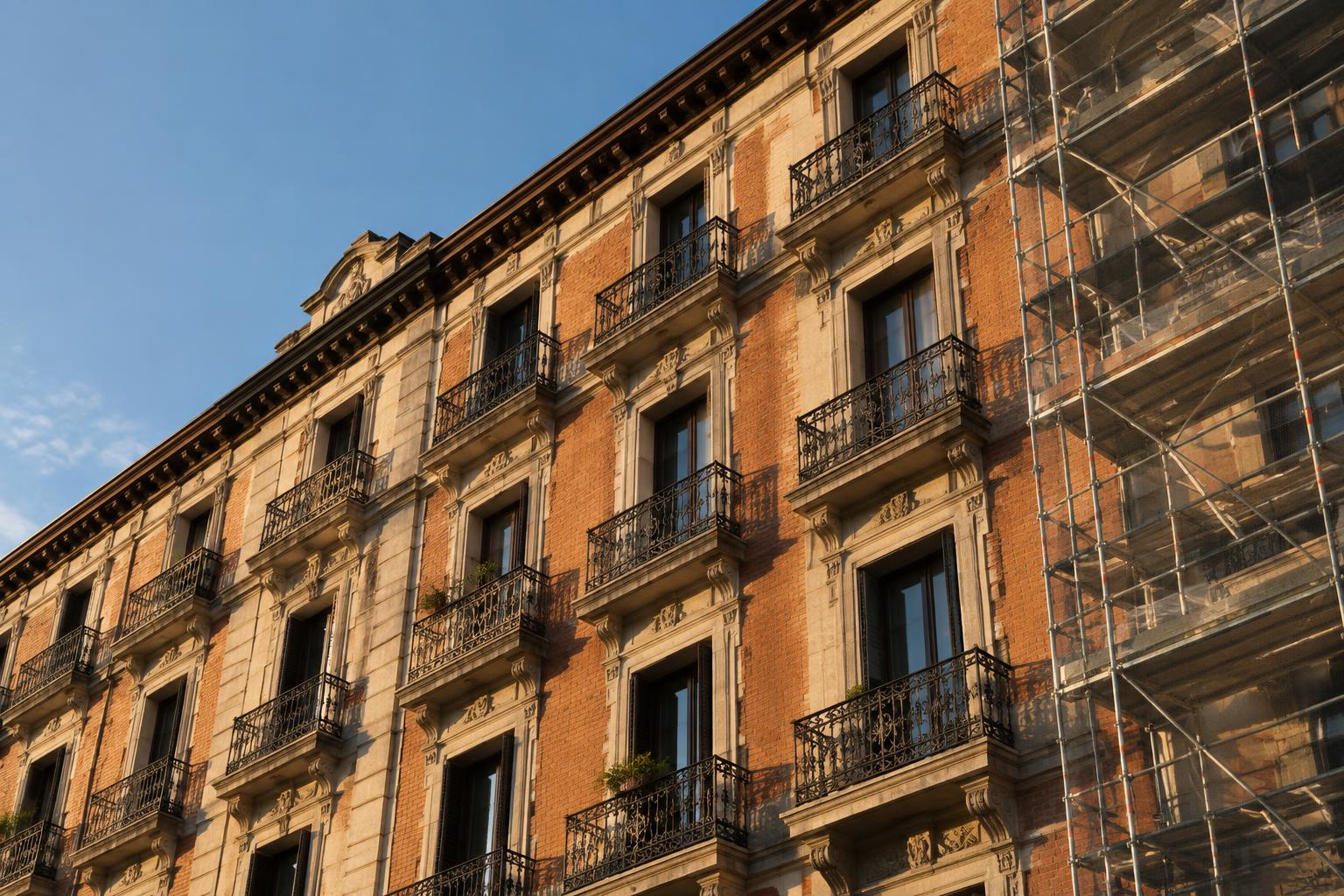 Fachada clásica madrileña en rehabilitación con andamio parcial, luz cálida de tarde