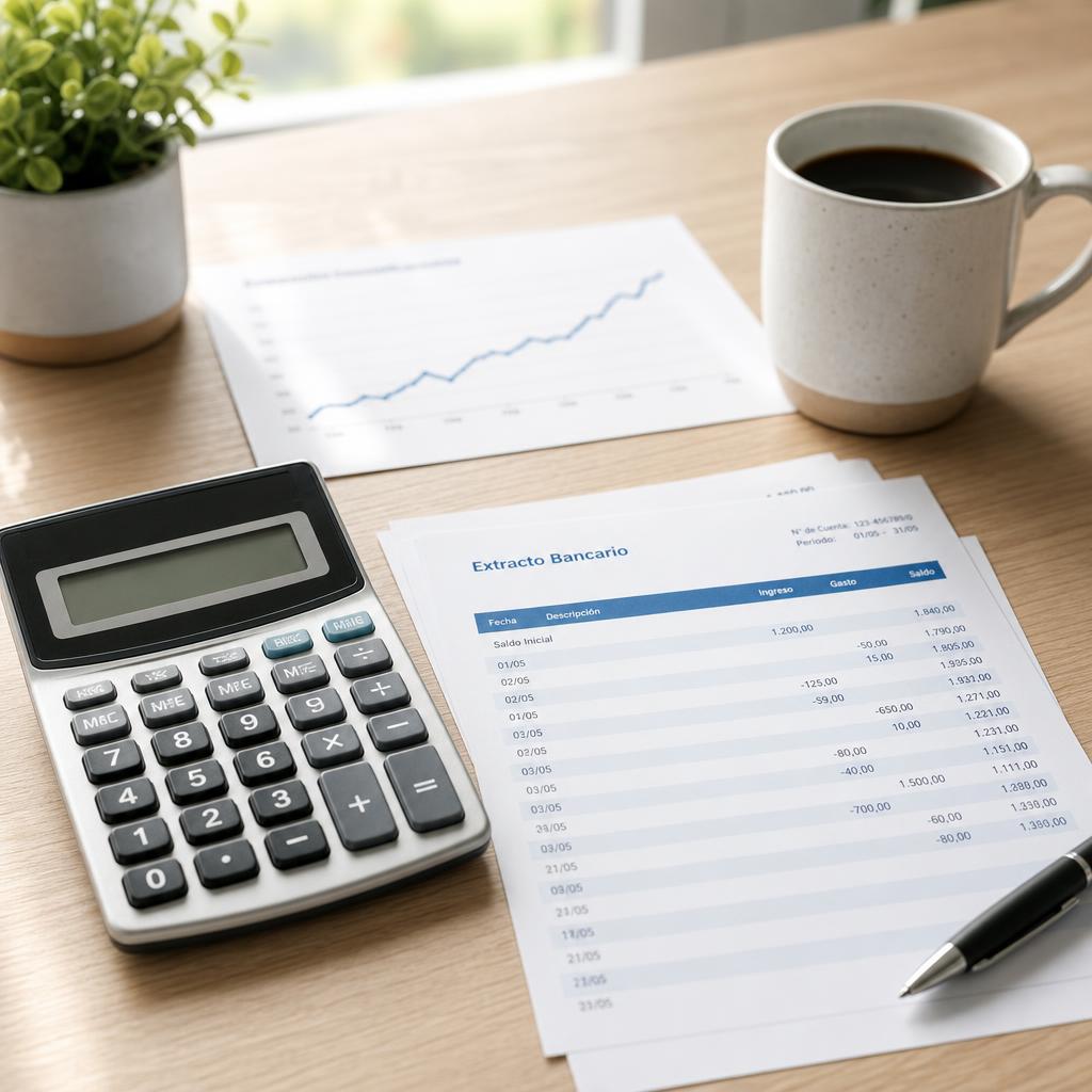 Calculadora y extractos bancarios sobre escritorio de madera clara con gráfico ascendente, taza de café y luz natural: hacer números con calma ante la subida del euríbor