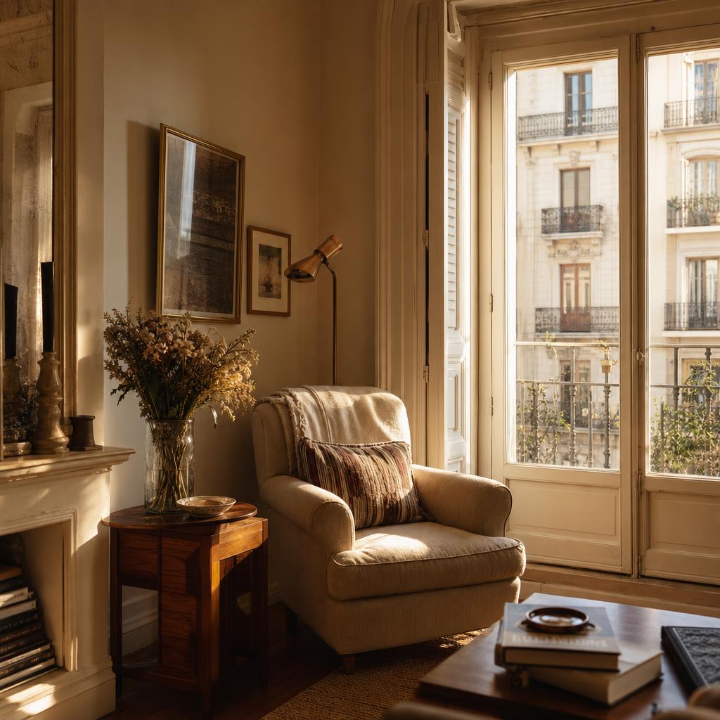 Salón acogedor de un piso clásico madrileño con butaca junto a una ventana, luz dorada de tarde, jarrón con flores secas y manta doblada sobre el respaldo