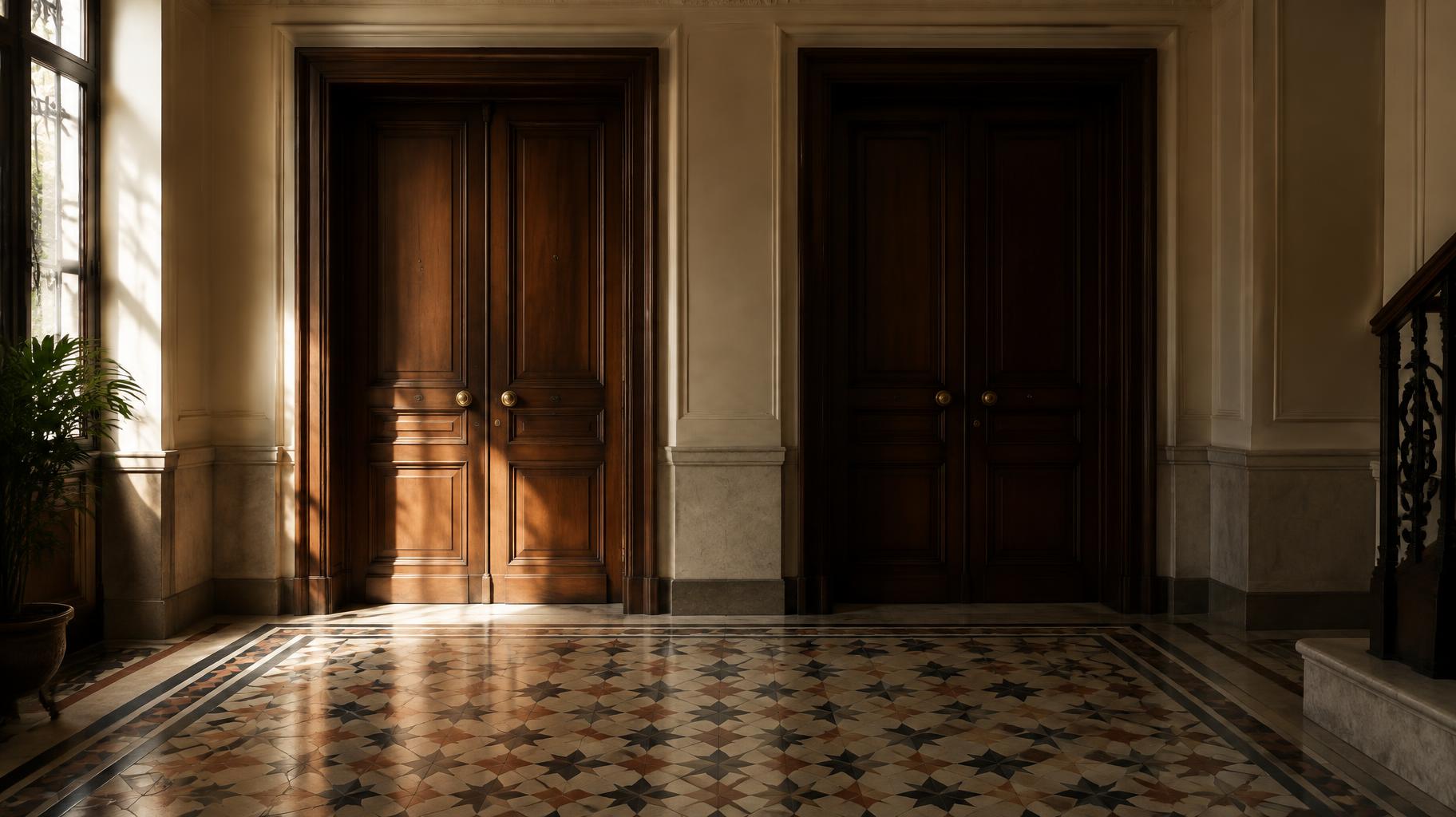 Dos puertas idénticas en un edificio de Madrid, una iluminada y otra en penumbra, sobre la visibilidad del precio de un anuncio