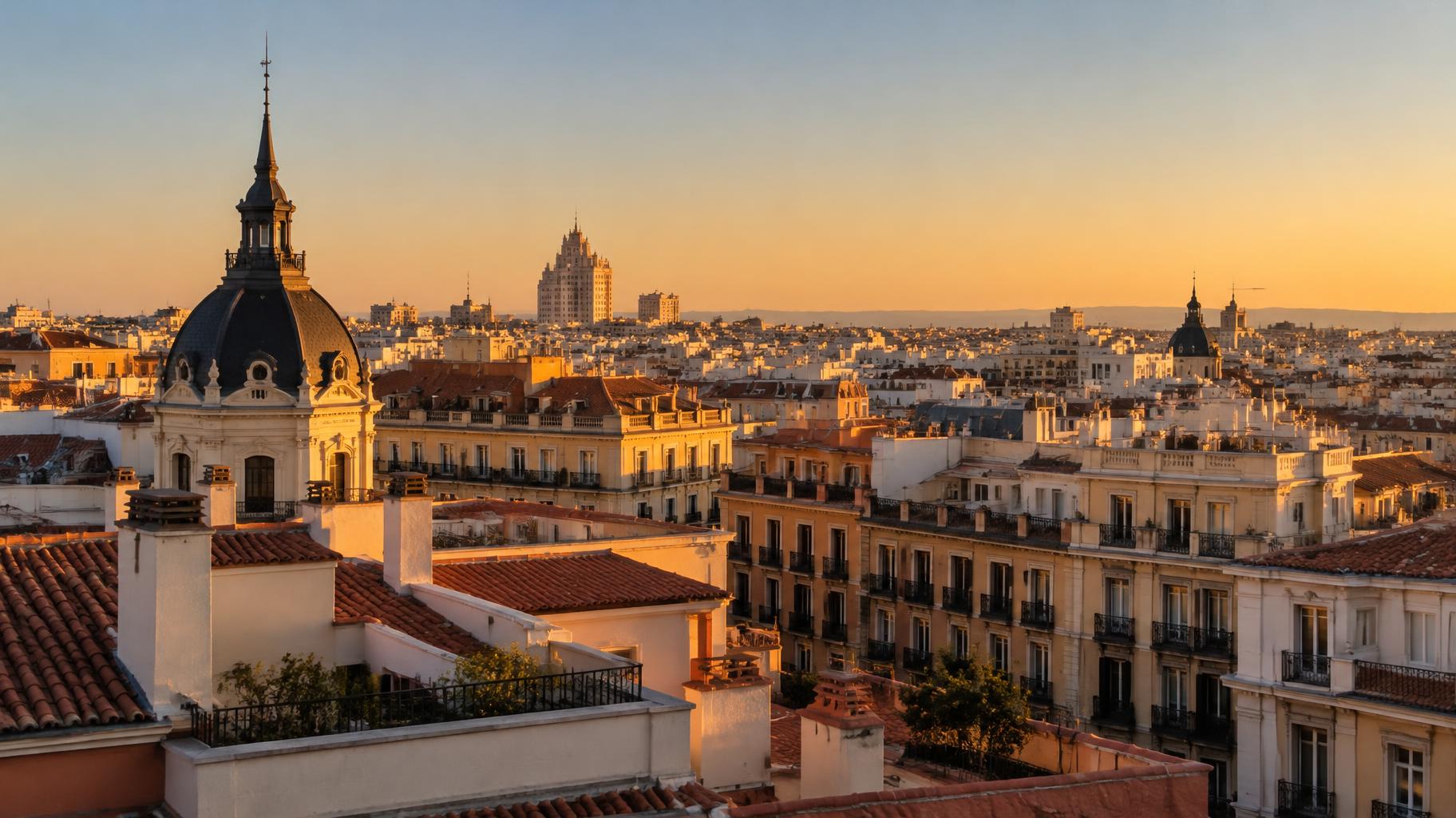 Tejados y azoteas de edificios residenciales de Madrid al atardecer
