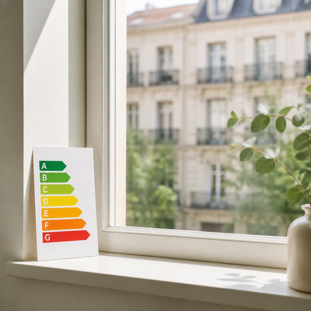 Etiqueta de eficiencia energética A-G apoyada en alféizar de ventana con luz natural y fachada clásica de Madrid al fondo