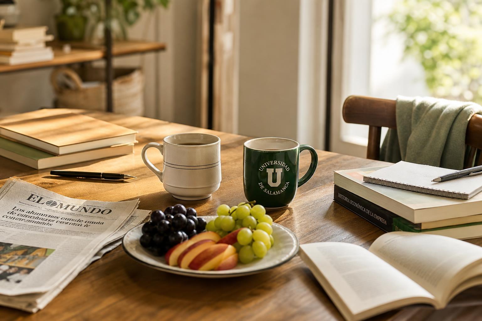 Mesa de cocina con dos tazas, fruta, libros y periódico, sugiriendo convivencia intergeneracional en Madrid