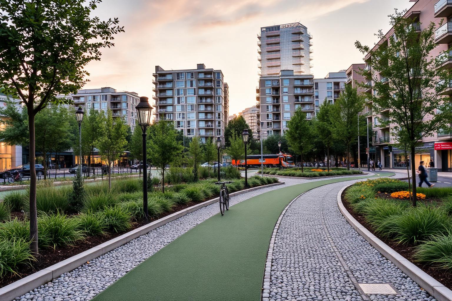 Paseo verde urbano con carril bici y zonas ajardinadas en Madrid al atardecer · Blog inmobiliario Madrid · Yolanda González