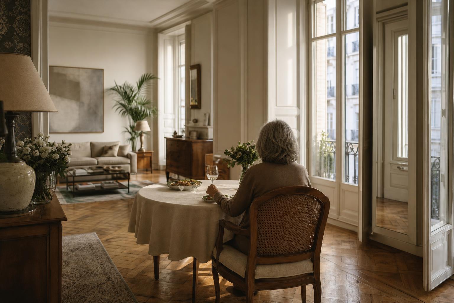 Salón-comedor clásico madrileño amplio, con una sola silla ocupada junto a una mesa preparada para una persona, luz natural suave y espacio ordenado · Blog inmobiliario Madrid · Yolanda González