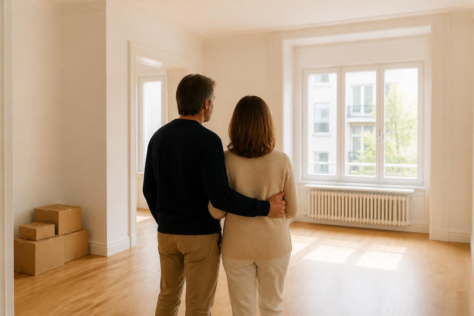 Pareja de mediana edad contemplando el interior luminoso de su nueva vivienda en Madrid