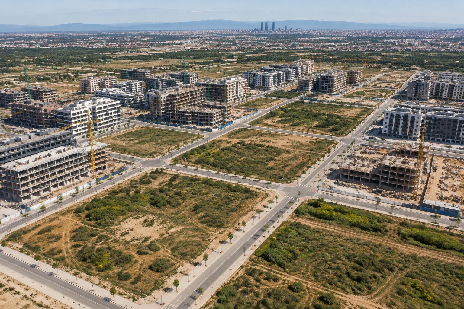 Vista aérea de un nuevo desarrollo urbanístico en las afueras de Madrid, con grúas y bloques de vivienda a medio terminar junto a solares sin edificar