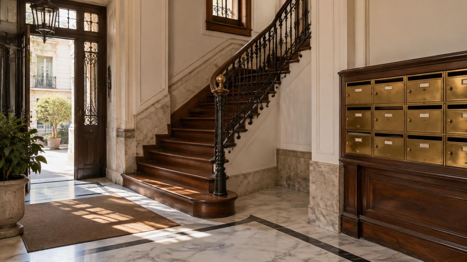 Portal de un edificio antiguo de viviendas en Madrid con buzones y escalera de madera