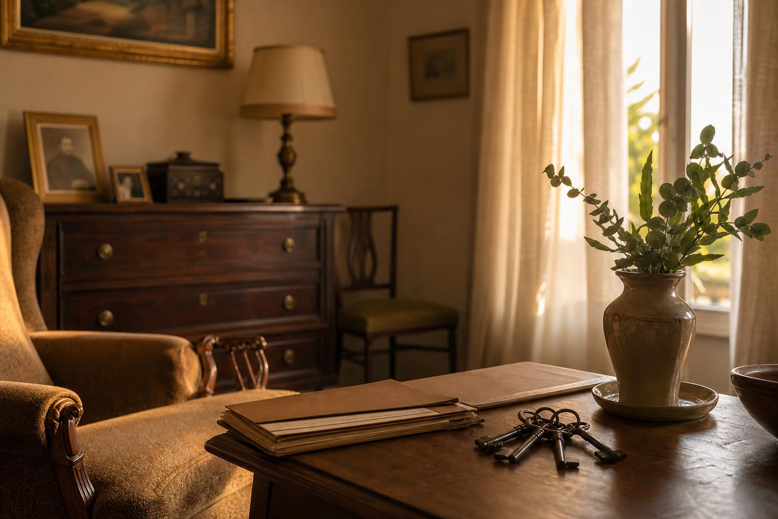 Salón familiar clásico madrileño con luz dorada de atardecer, documentos y llaves antiguas sobre una mesa auxiliar