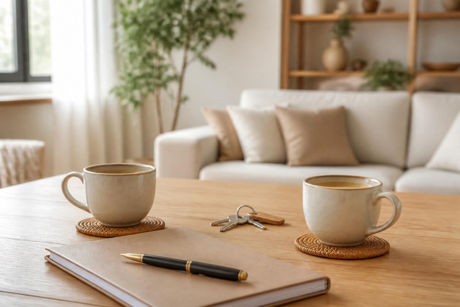 Dos tazas de café frente a frente junto a unas llaves y una carpeta de documentos sobre una mesa de madera clara