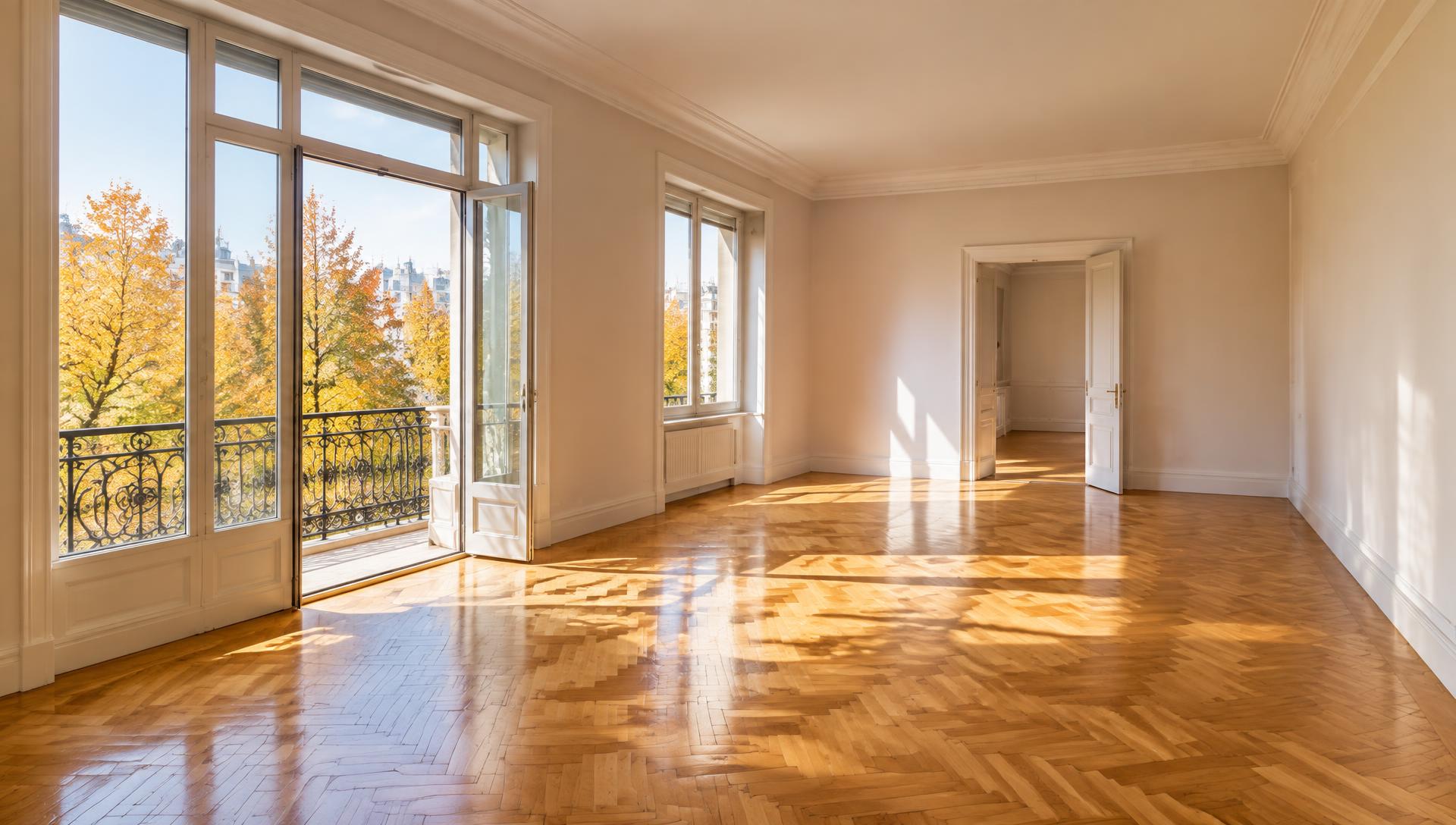Salón luminoso de un piso de segunda mano en Madrid con ventanal y parquet, listo para nuevos compradores